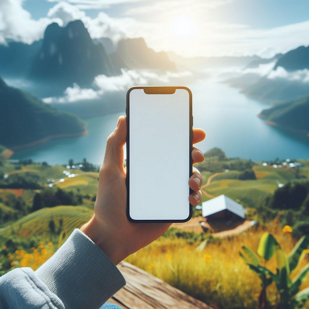 Foto imagen de maquillaje de manos sosteniendo un teléfono inteligente con una pantalla en blanco sobre un paisaje