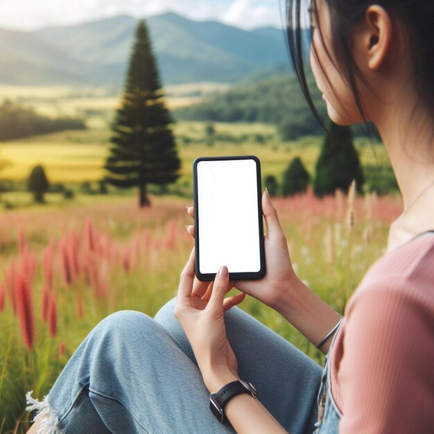 Foto imagen de maquillaje de manos sosteniendo un teléfono inteligente con una pantalla en blanco sobre un paisaje