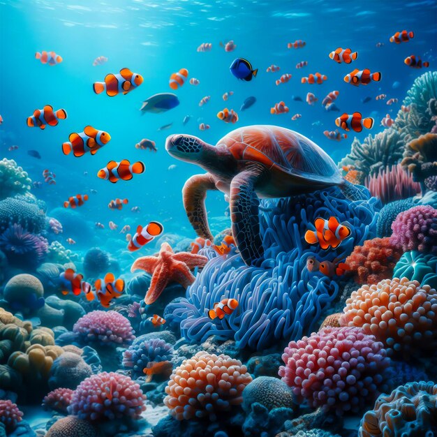 Foto una imagen de mar bajo el agua con peces, coral, pulpo y tortuga marina fondo de foto realista