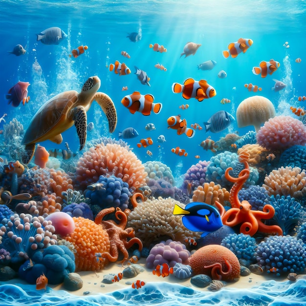 Foto una imagen de mar bajo el agua con peces, coral, pulpo y tortuga marina fondo de foto realista