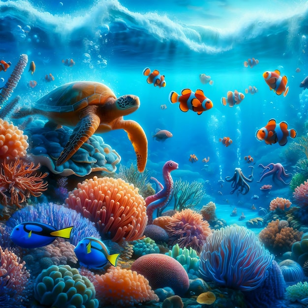Foto una imagen de mar bajo el agua con peces, coral, pulpo y tortuga marina fondo de foto realista