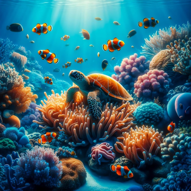 Foto una imagen de mar bajo el agua con peces, coral, pulpo y tortuga marina fondo de foto realista