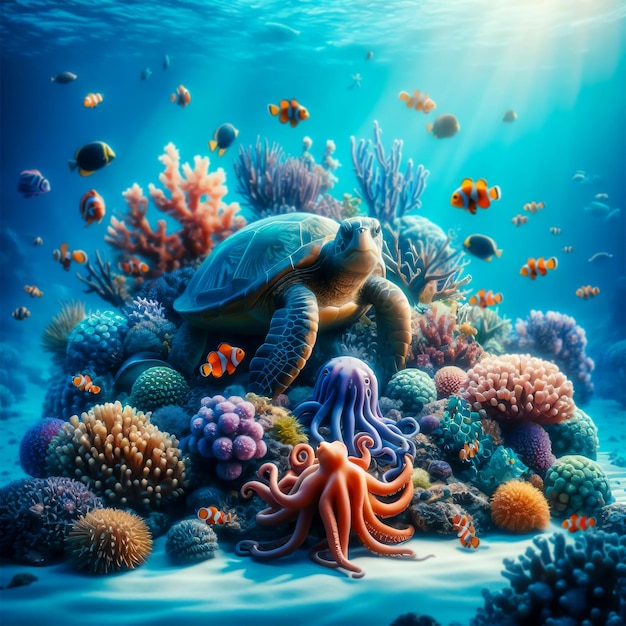 Foto una imagen de mar bajo el agua con peces, coral, pulpo y tortuga marina fondo de foto realista