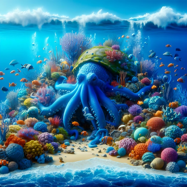 una imagen de mar bajo el agua con peces, coral, pulpo y tortuga marina fondo de foto realista