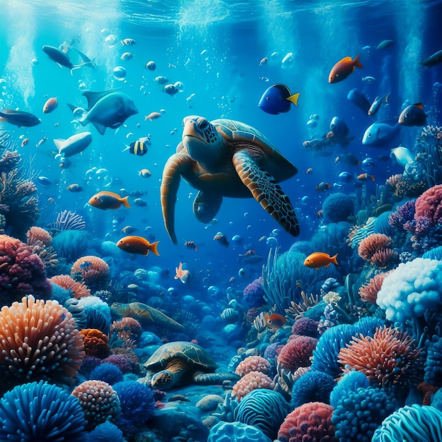 una imagen de mar bajo el agua con peces, coral, pulpo y tortuga marina fondo de foto realista