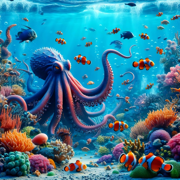 una imagen de mar bajo el agua con peces, coral, pulpo y tortuga marina fondo de foto realista