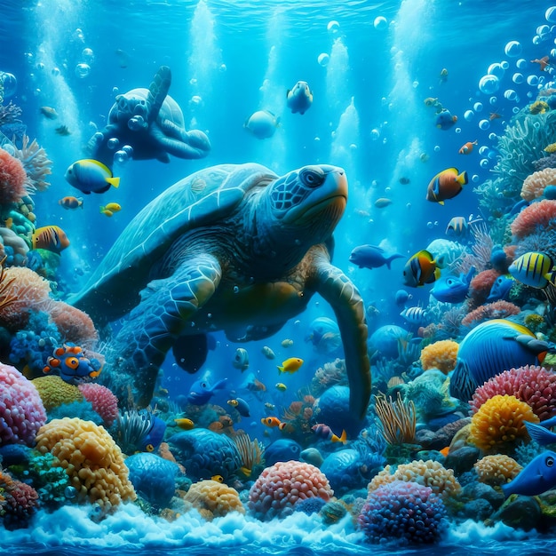 una imagen de mar bajo el agua con peces, coral, pulpo y tortuga marina fondo de foto realista