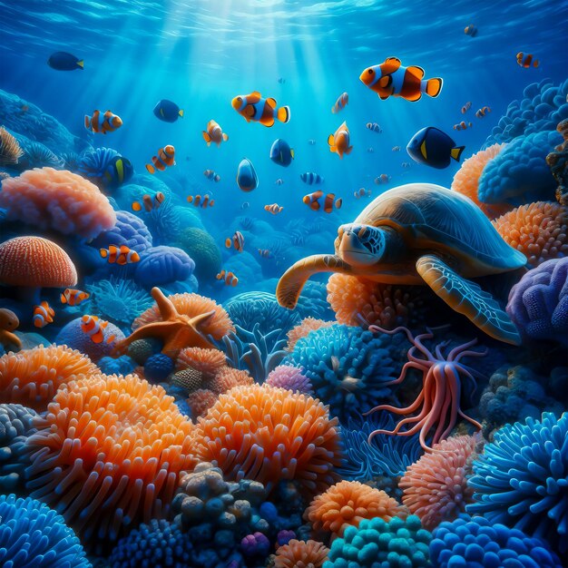 una imagen de mar bajo el agua con peces, coral, pulpo y tortuga marina fondo de foto realista