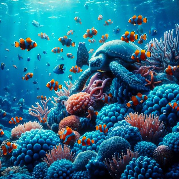 una imagen de mar bajo el agua con peces, coral, pulpo y tortuga marina fondo de foto realista