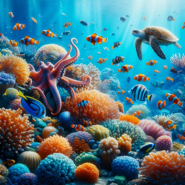 Foto una imagen de mar bajo el agua con peces, coral, pulpo y tortuga marina fondo de foto realista