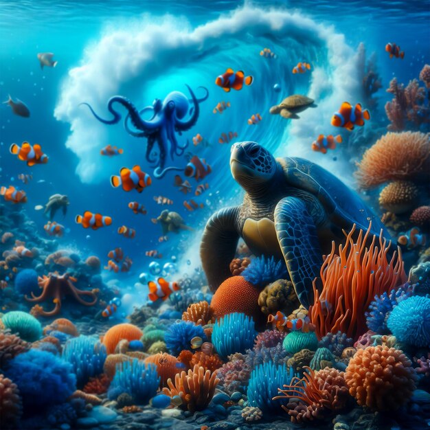 Foto una imagen de mar bajo el agua con peces, coral, pulpo y tortuga marina fondo de foto realista