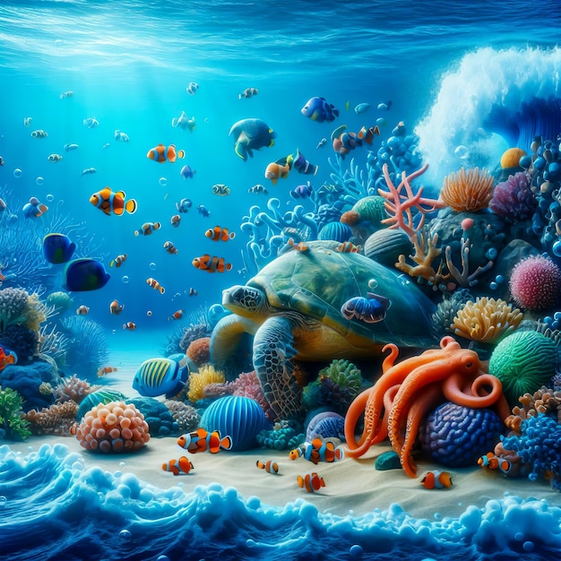 una imagen de mar bajo el agua con peces, coral, pulpo y tortuga marina fondo de foto realista
