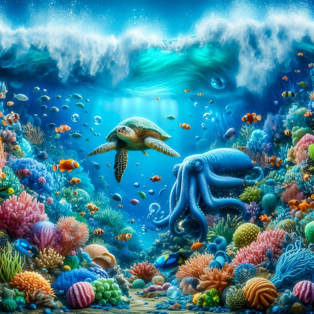 una imagen de mar bajo el agua con peces, coral, pulpo y tortuga marina fondo de foto realista