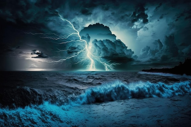 Una imagen de un mar oscuro y tormentoso con relámpagos encima