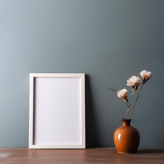 una imagen de un marco blanco y una imagen de flores sobre una mesa.
