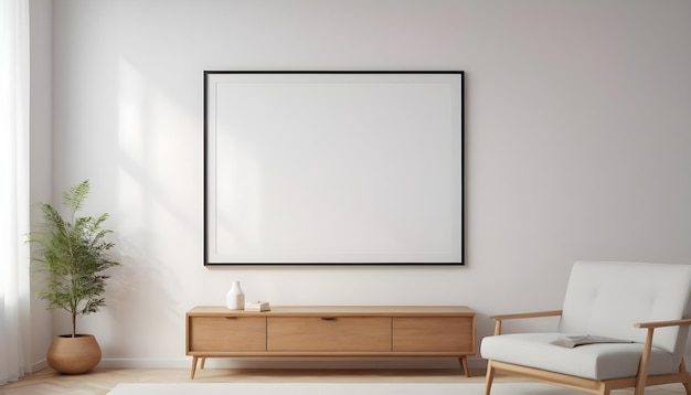 imagen de un marco de fotos en blanco colgado en una pared blanca en una sala de estar minimalista con muebles elegantes