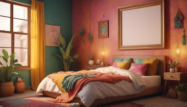 una imagen de un marco de fotos en blanco en un dormitorio de estilo bohemia ecléctico