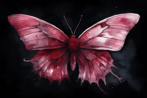 una imagen de una mariposa rosa sobre un fondo oscuro con un fondo negro