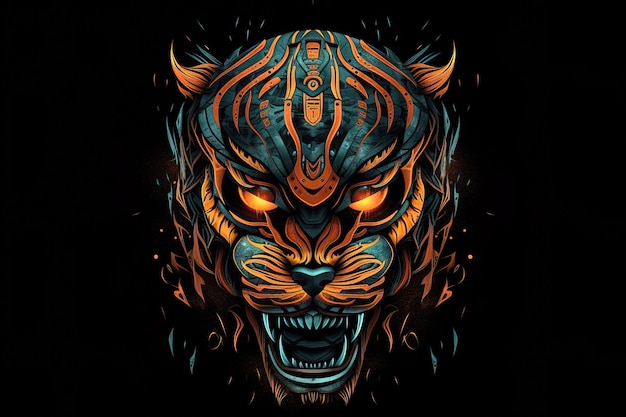 Imagen de máscara de tigre cyberpunk con patrones coloridos sobre fondo negro Ilustración de animales salvajes AI generativa