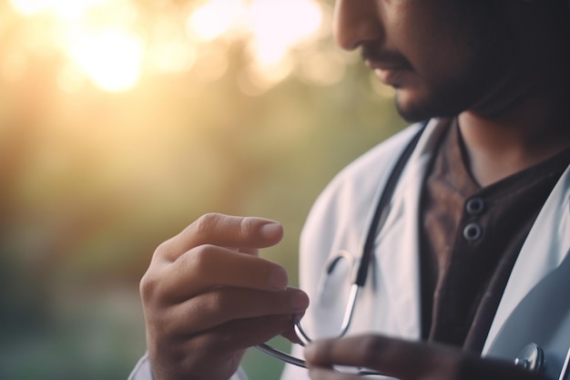 Imagen de un médico realizando un chequeo médico Bokeh del día mundial de la salud IA generativa