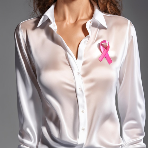 Imagen del mes de concienciación sobre el cáncer de mama con una mujer con una camisa blanca y una cinta rosa