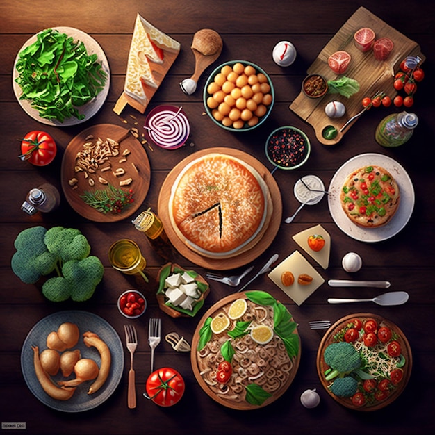 Una imagen de una mesa con comida y un reloj encima
