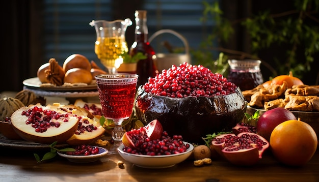Una imagen de una mesa festiva de Rosh Hashanah con platos tradicionales que representan dulzura y abudan
