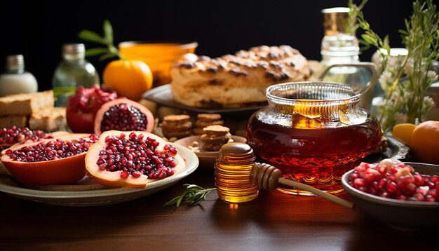 Una imagen de una mesa festiva de Rosh Hashanah con platos tradicionales que representan dulzura y abudan