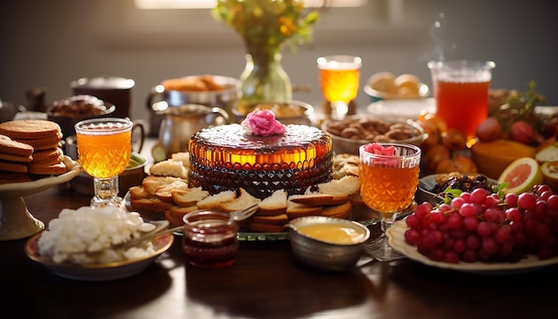 Una imagen de una mesa festiva de Rosh Hashanah con platos tradicionales que representan dulzura y abudan