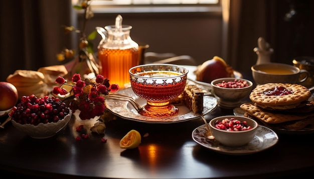 Una imagen de una mesa festiva de Rosh Hashanah con platos tradicionales que representan dulzura y abudan