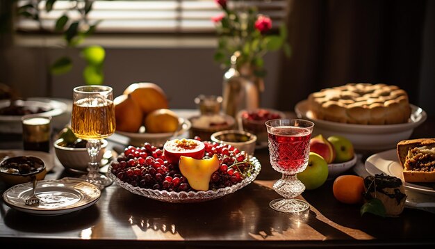 Una imagen de una mesa festiva de Rosh Hashanah con platos tradicionales que representan dulzura y abudan