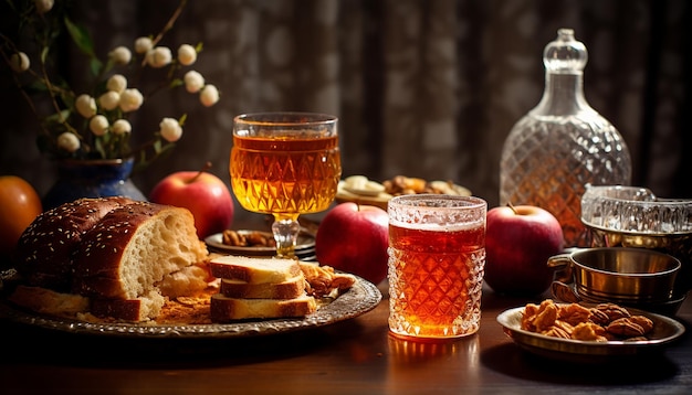 Una imagen de una mesa festiva de Rosh Hashanah con platos tradicionales que representan dulzura y abudan