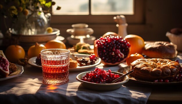 Una imagen de una mesa festiva de Rosh Hashanah con platos tradicionales que representan dulzura y abudan