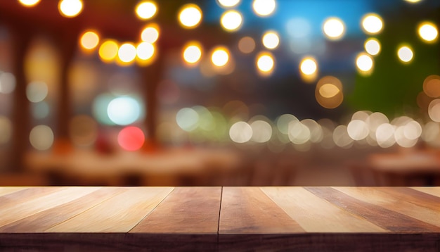 Imagen de una mesa de madera frente a un fondo borroso abstracto de las luces del restaurante Generative Ai