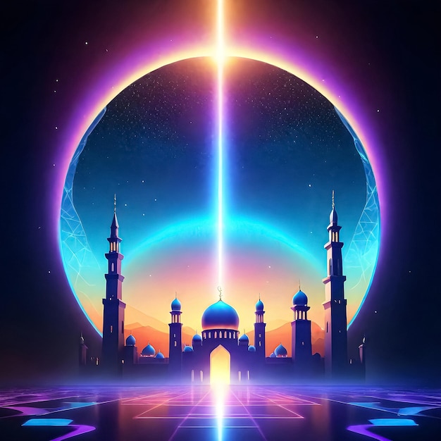 una imagen de una mezquita con una luna azul en el fondo del concepto futurista