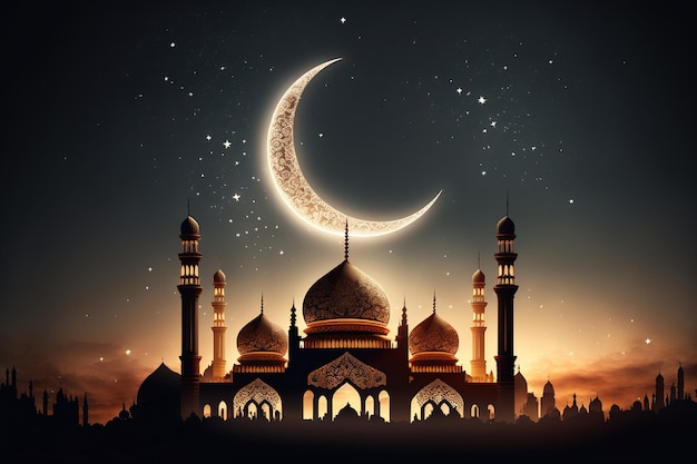 Una imagen de una mezquita con una luna creciente en el fondo.