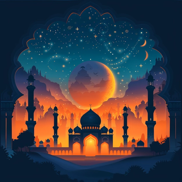 una imagen de una mezquita con una luna y estrellas en el cielo