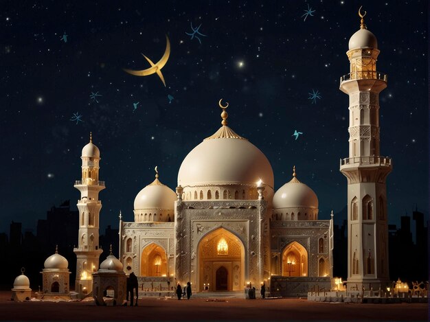 una imagen de una mezquita con una luna y estrellas en el fondo