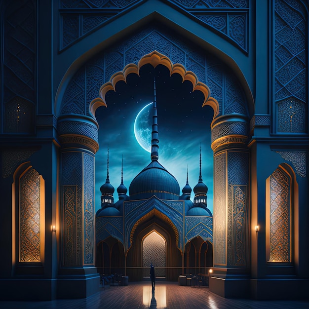 Una imagen de una mezquita con una luna en un fondo azul.