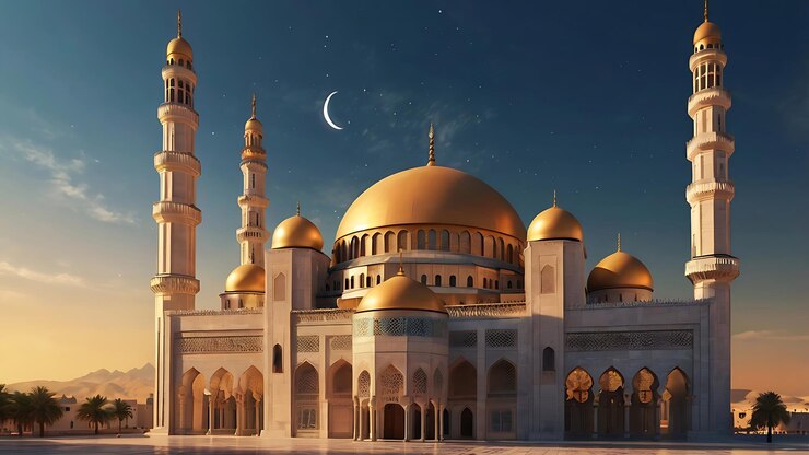 una imagen de una mezquita con una luna en el fondo