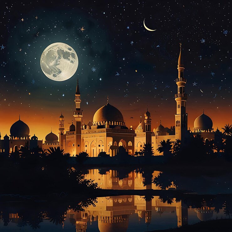 una imagen de una mezquita con una luna y la luna en el fondo