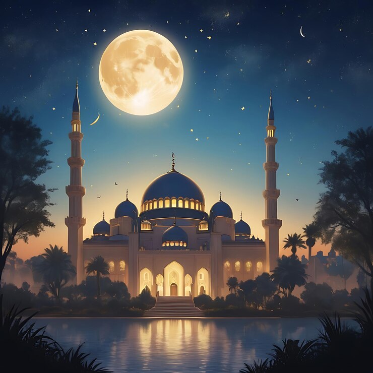 una imagen de una mezquita con la luna y la luna en el fondo