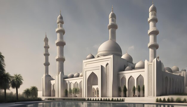 una imagen de una mezquita con un reflejo de un edificio en el agua