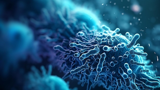 Imagen microscópica de una bacteria con azul