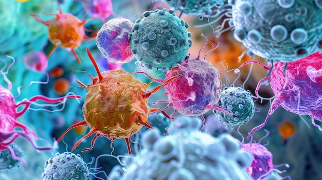 Imagen microscópica de un grupo de virus unidos a las células humanas en colores vívidos