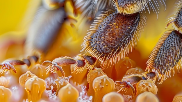 Una imagen microscópica de las patas de una abeja cubiertas de granos de polen que muestra la relación simbiótica