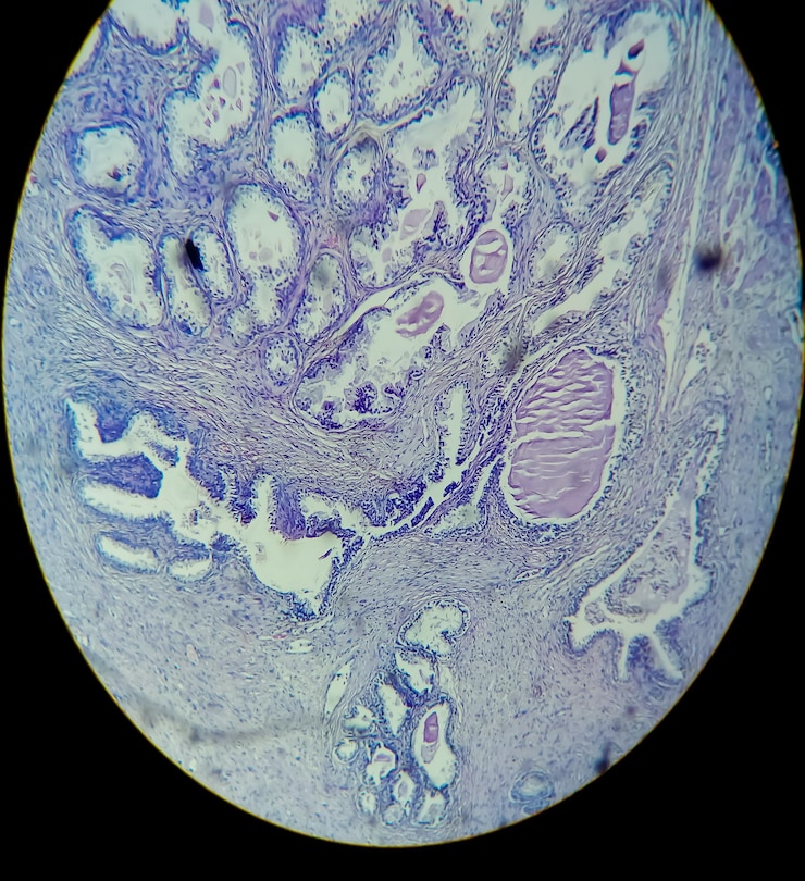 Foto imagen microscópica del portaobjetos teñido de histología