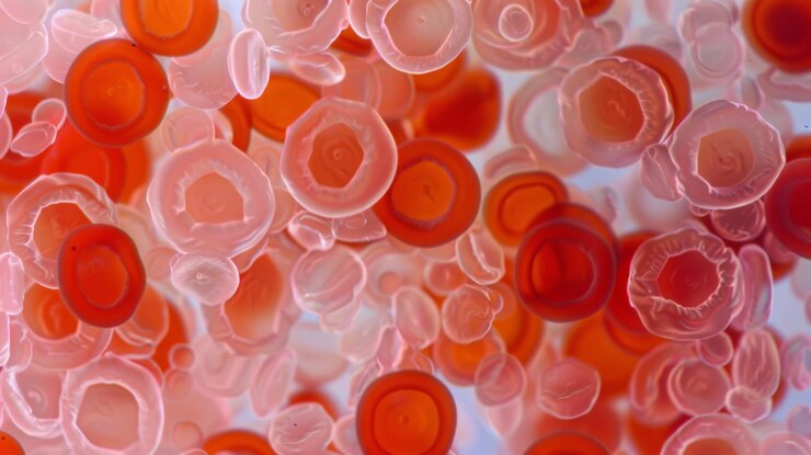 Foto imagen microscópica que muestra células sanguíneas rojas sanas y de forma anormal que destaca las condiciones contrastantes dentro del torrente sanguíneo