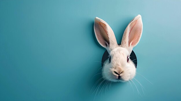 Imagen minimalista de una linda cabeza de conejo surgiendo en un fondo azul pastel perfecta para temas de Pascua AI