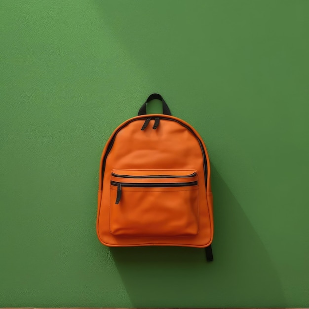 imagen de una mochila escolar naranja en un fondo verde